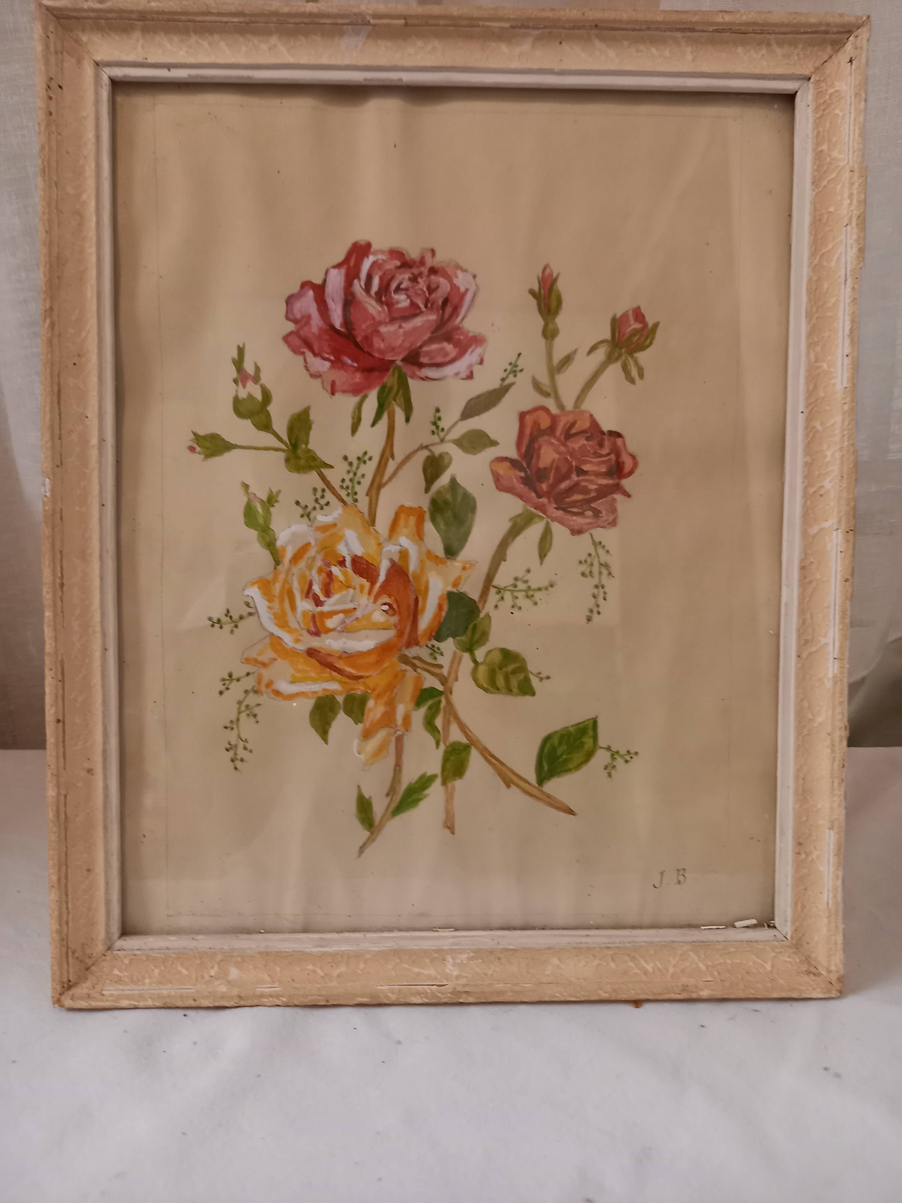 Old painting, gouache on paper, floral composition with roses, framed, under glass