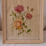 Tableau ancien, gouache sur papier, composition florale avec roses, encadré, sous verre