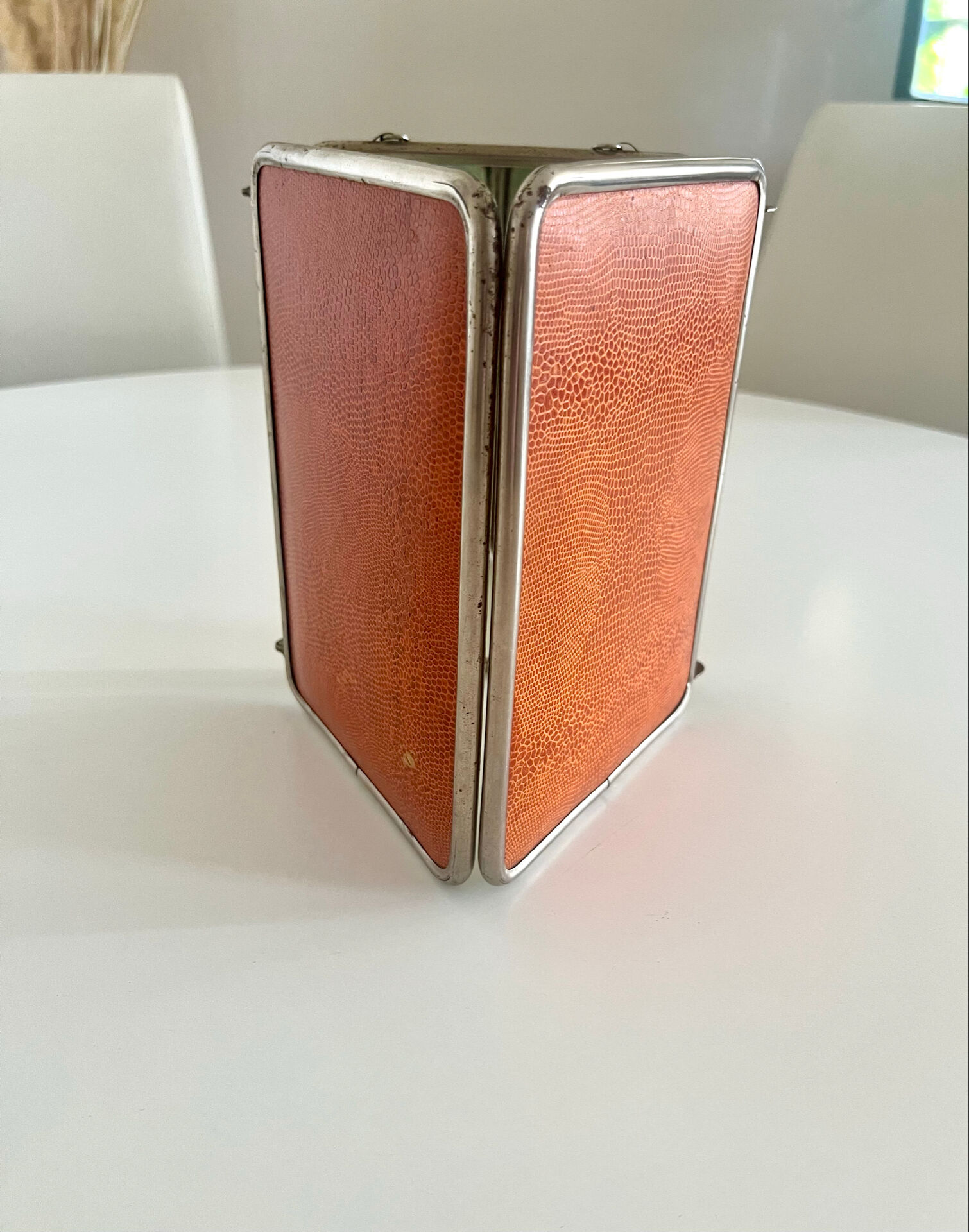 Antique Art Deco triptych barber mirror from the 1920s/30s – leather covering o