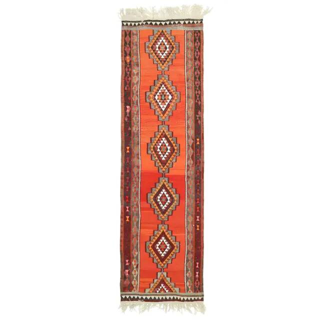 1970s Vintage Turkish Hand-Knotted Wool Cotton Orange Runner Rug 92x320