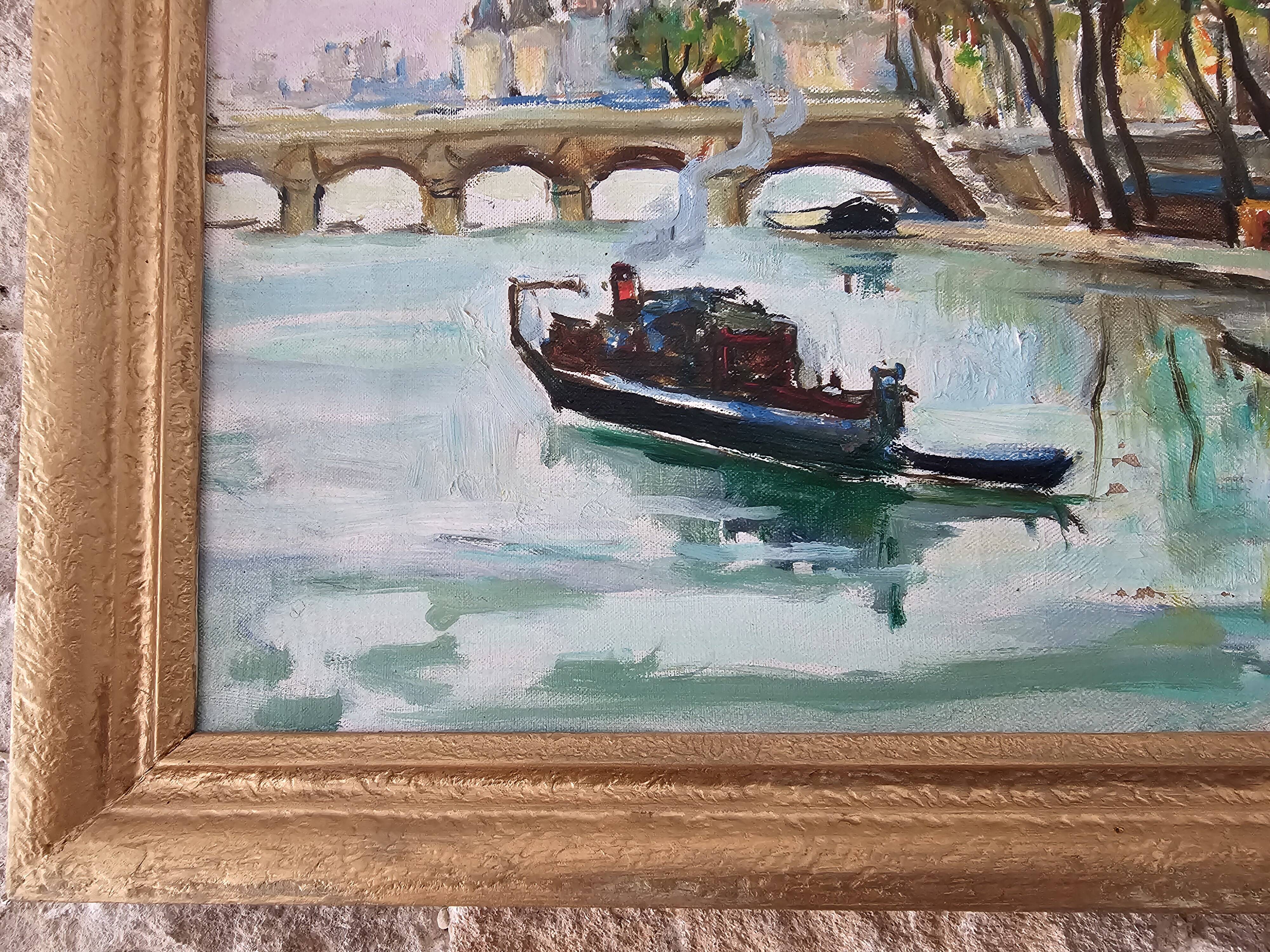 Oil Painting on Canvas Paris on the Seine - signed Raphael Pricert 1903 -