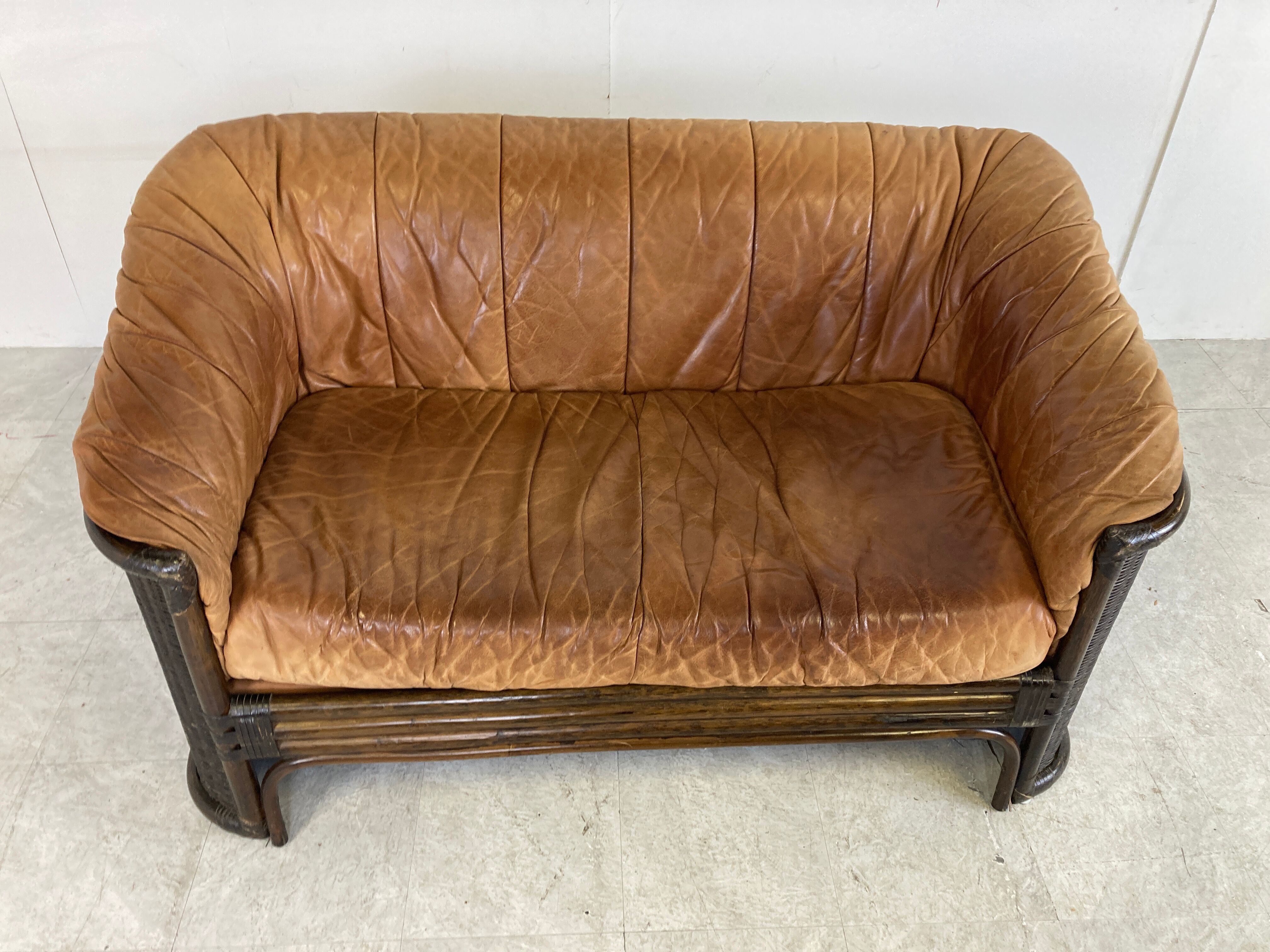Vintage wicker and leather sofa set 1960s