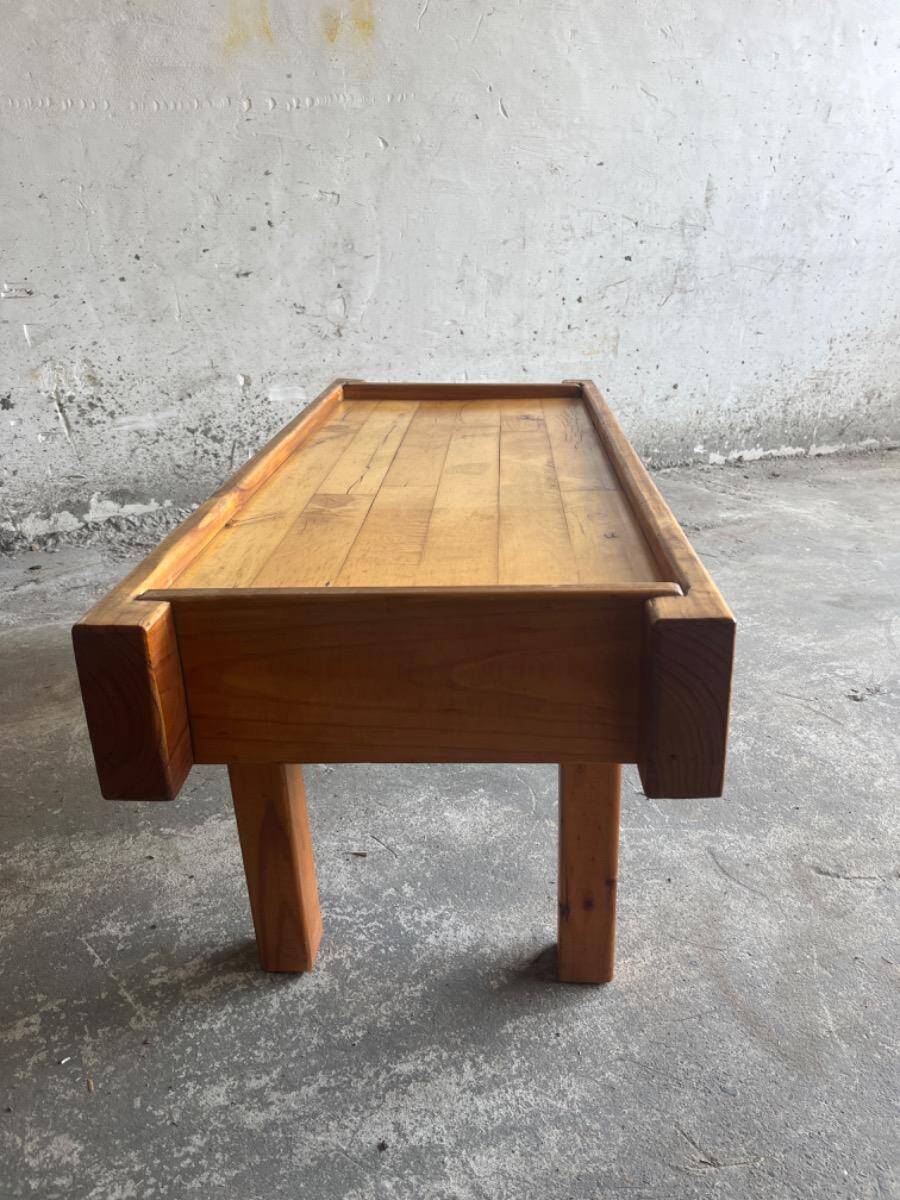 1970s Brutalist Danish Side Table in Solid Pine — Light Brown Natural Wood, Low Rectangular