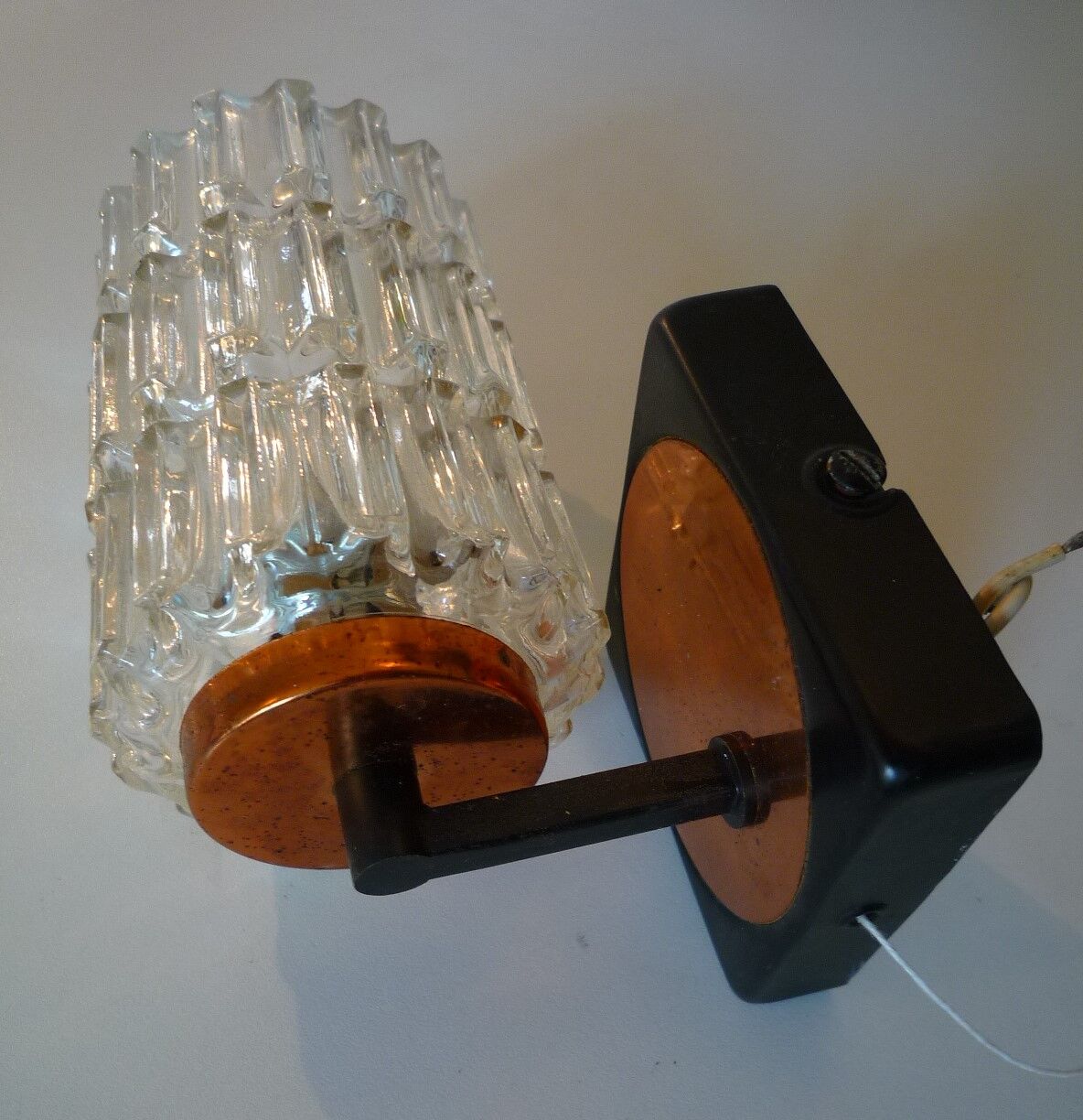 Pair of black lacquered metal, brass and glass wall light