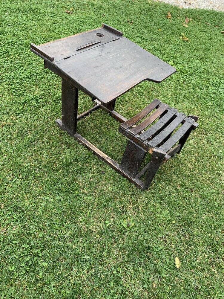 Brown painted wooden school desk for children, vintage 1920s set, slatted seat and storage.