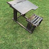 Brown painted wooden school desk for children, vintage 1920s set, slatted seat and storage.