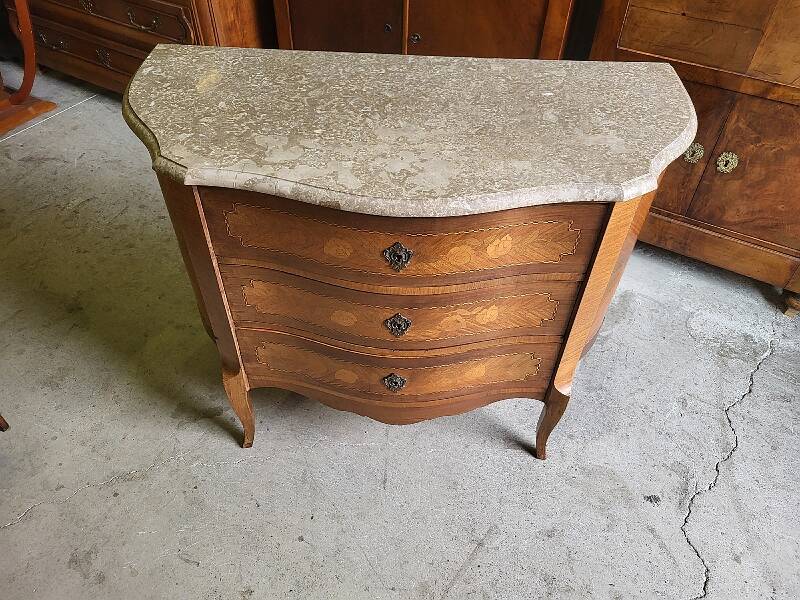 Curved chest of drawers in rosewood and marble marquetry