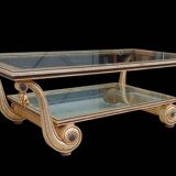 Old large coffee table in gilded wood and glass