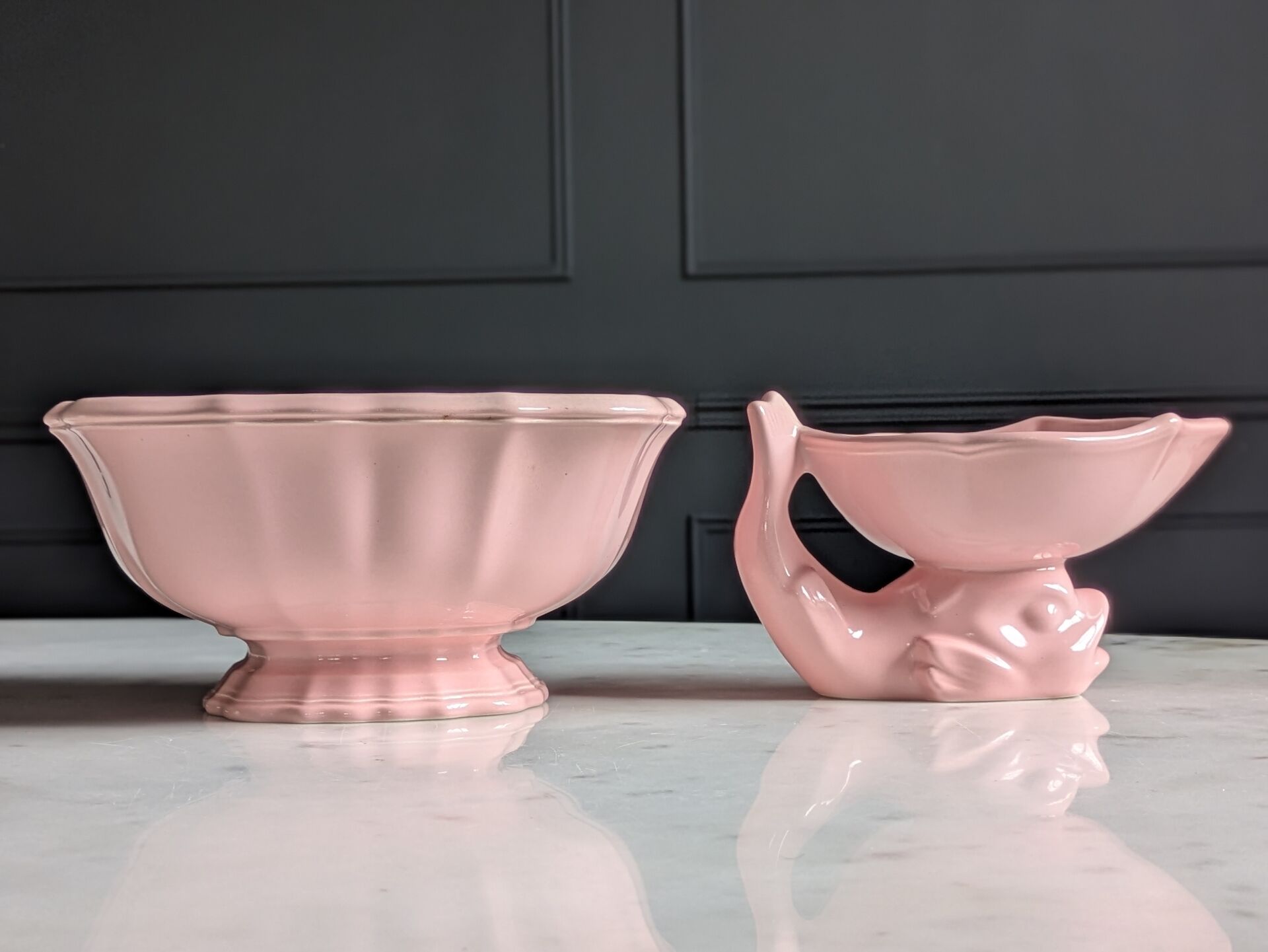 Vintage powder pink earthenware duo. Salins les Bains. 1950s.