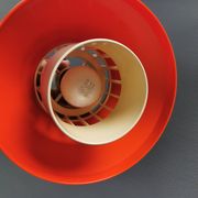 An orange pendant lamp made from hard-pressed ABS plastic. Denmark 1970s