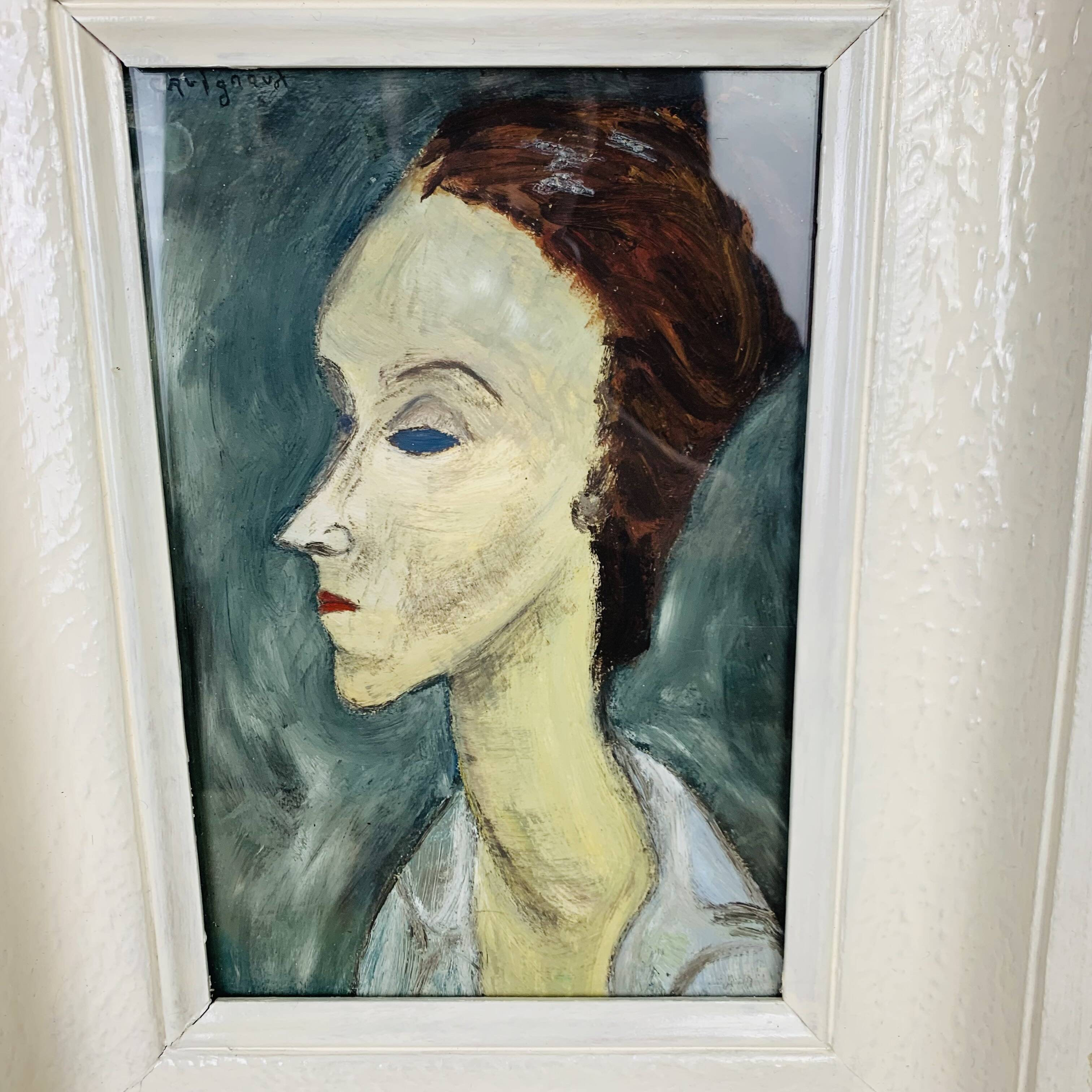 Painting portrait of a woman in figurative style signed Cavignaux