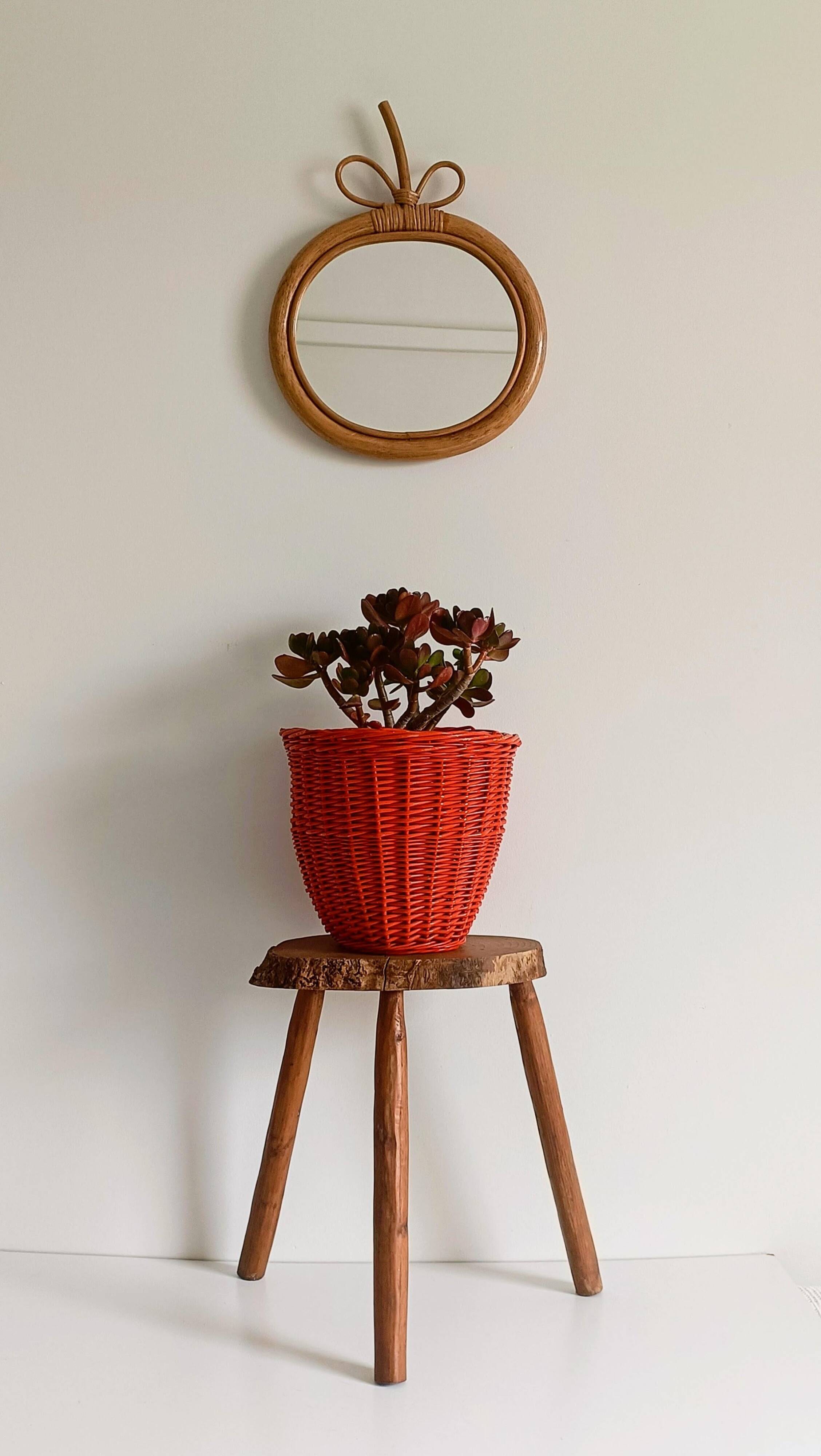 Bohemian Mid-Century Coral Red Wicker Basket, France, circa 1960s