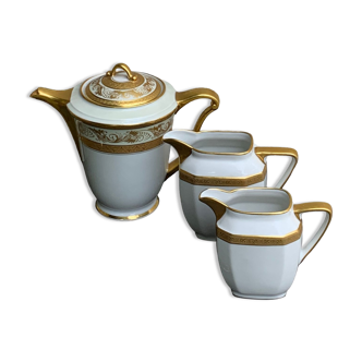 Coffee maker, milk jug and water jar in porcelain and gold, old and collector's haviland