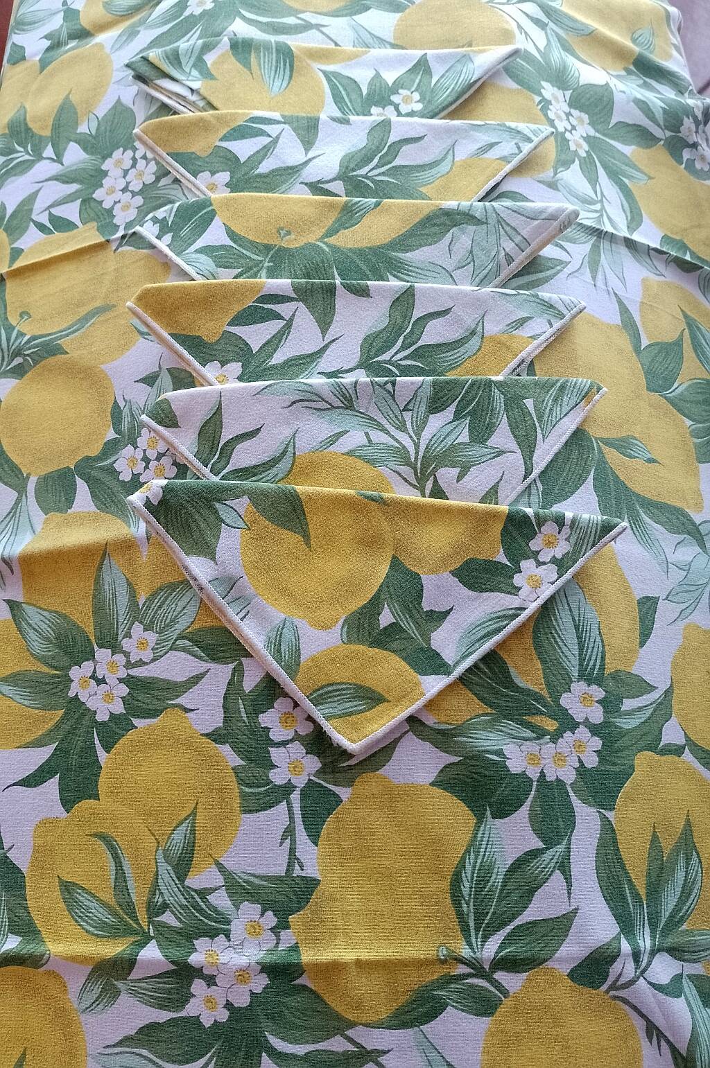 Nappe festonnée en coton vintage 6 serviettes Citrons Fleurs de citronnier