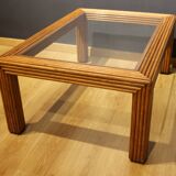 Table basse rectangulaire verre et rotin