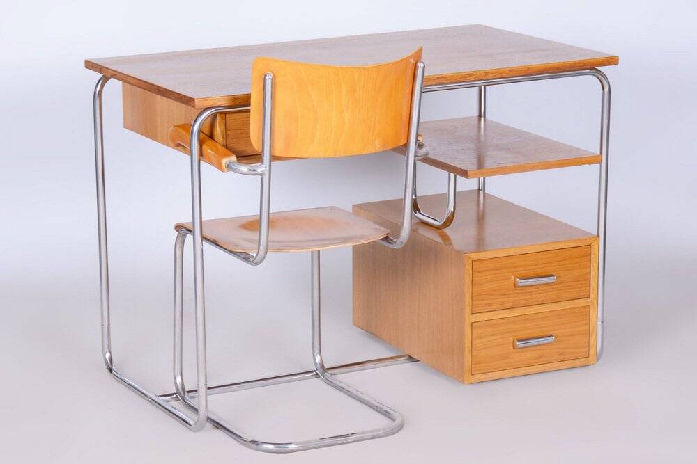 Bauhaus Writing Desk in Oak, Chrome-Plated Steel, Germany, 1930s