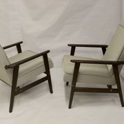 Pair of Henryk Lis armchairs 300-190s 1970s reupholstered gray textured fabric.