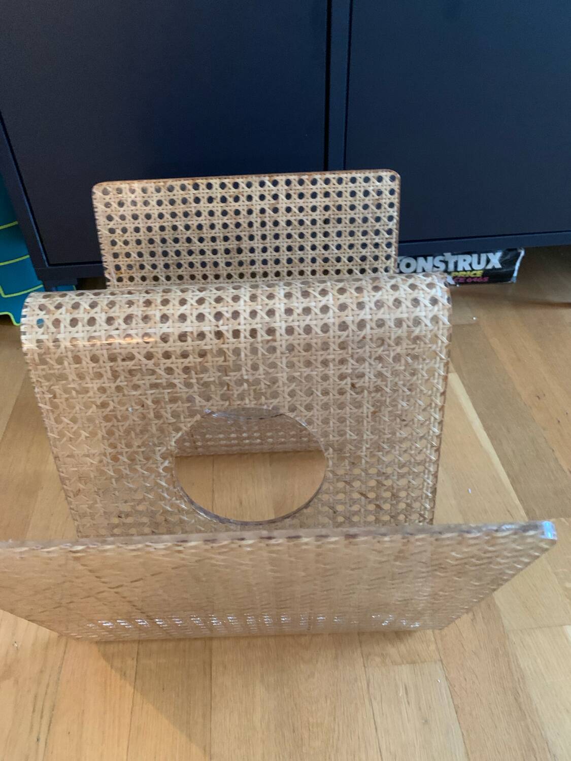 Plexiglass magazine rack with cane work, 1970