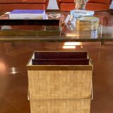 Hollywood regency brass and woven bamboo magazine rack, Metal Linea Nova Italy 1970