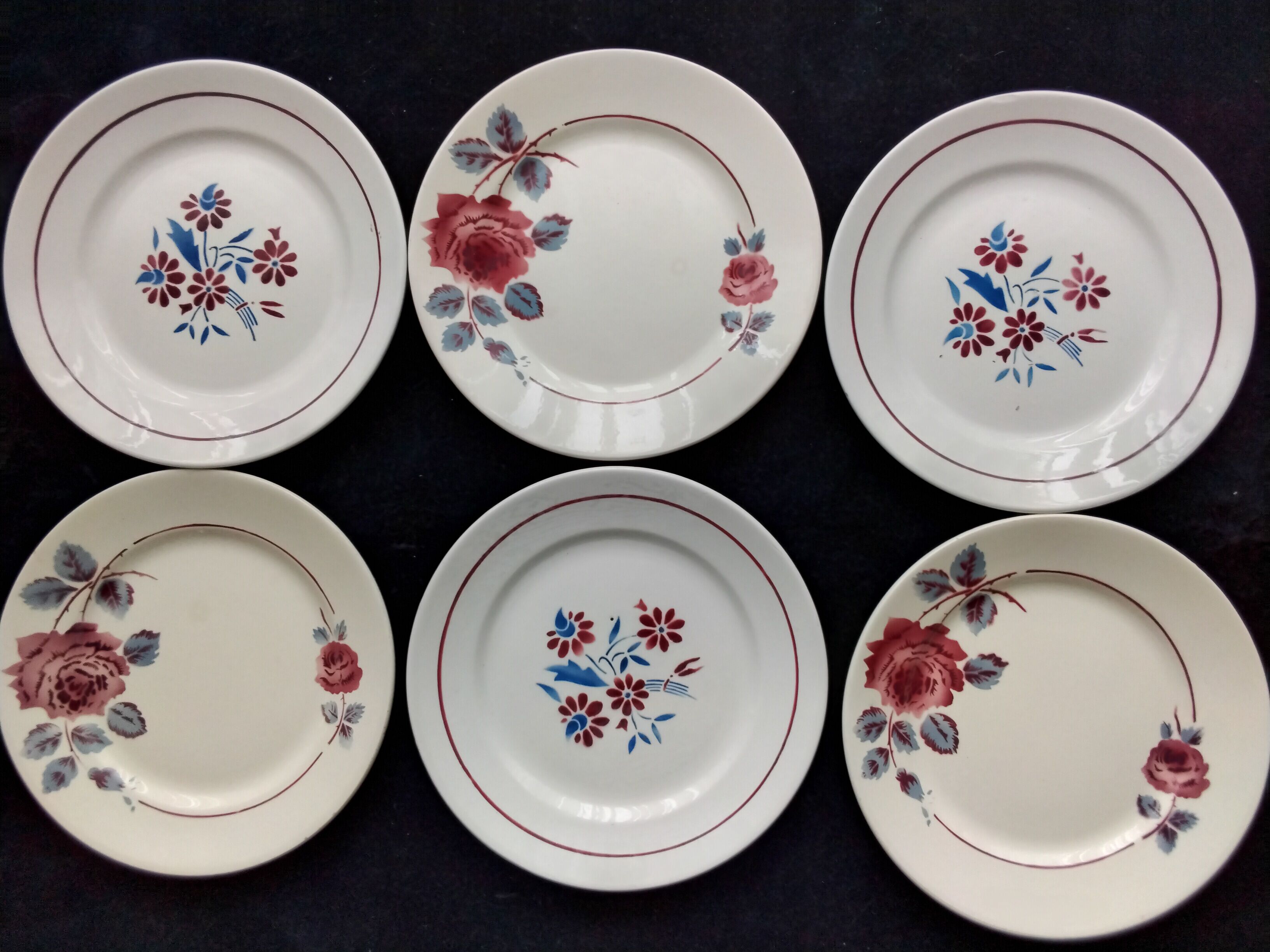 6 Badonviller and Lunéville mismatched dessert plates