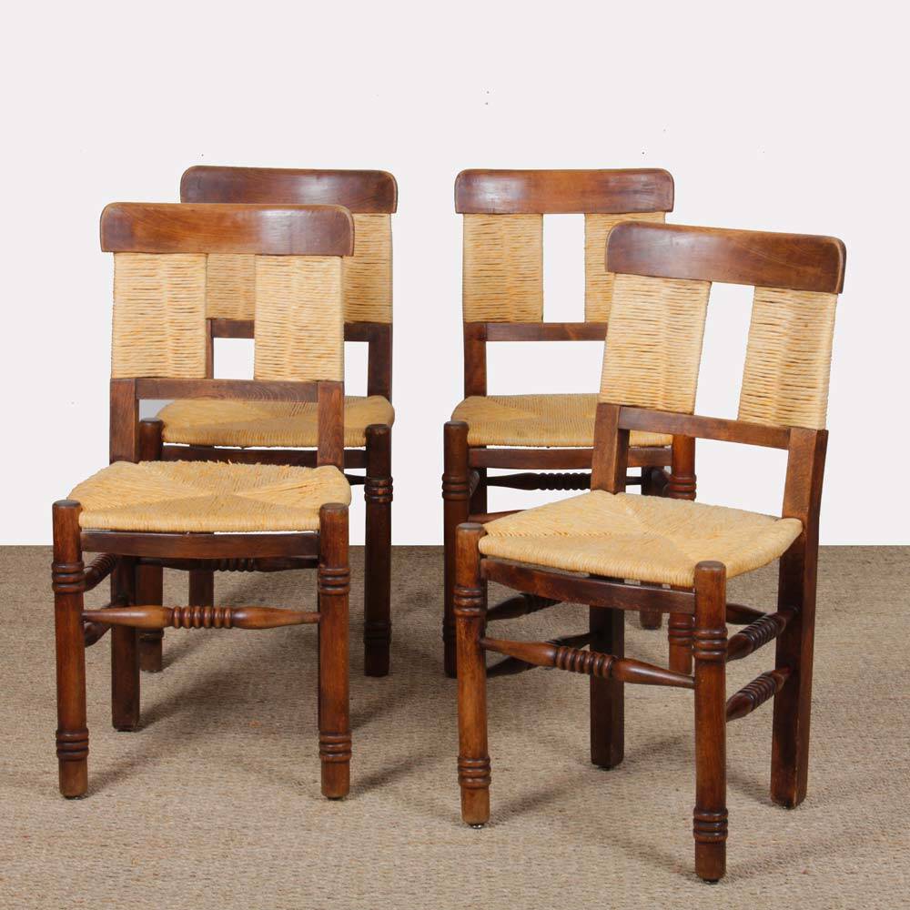 Set of 4 wooden chairs with rush seats, French work, 1940.