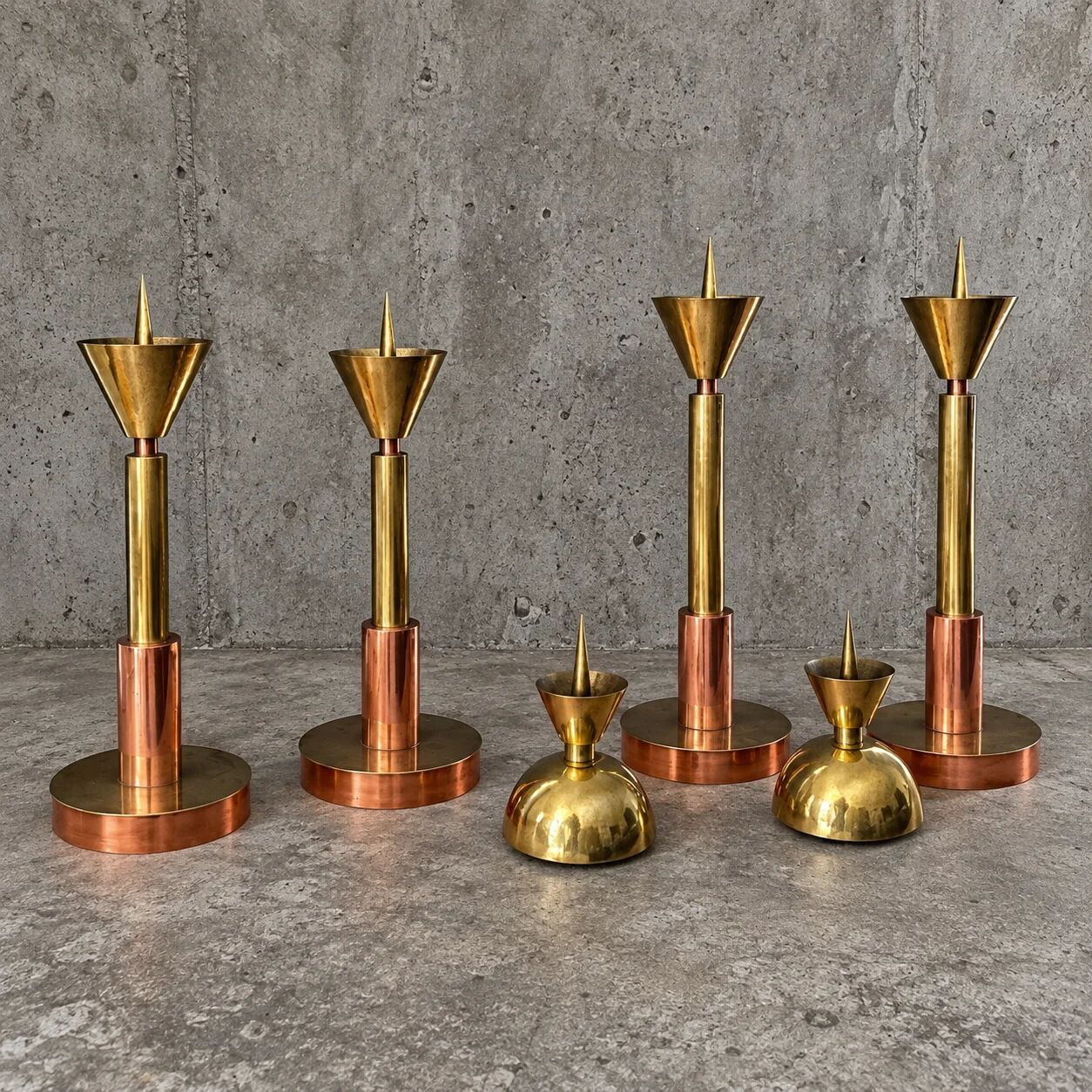 4 x Large / weighty postmodern candles / 1970s / two heights 60 - 70 cm / copper - brass