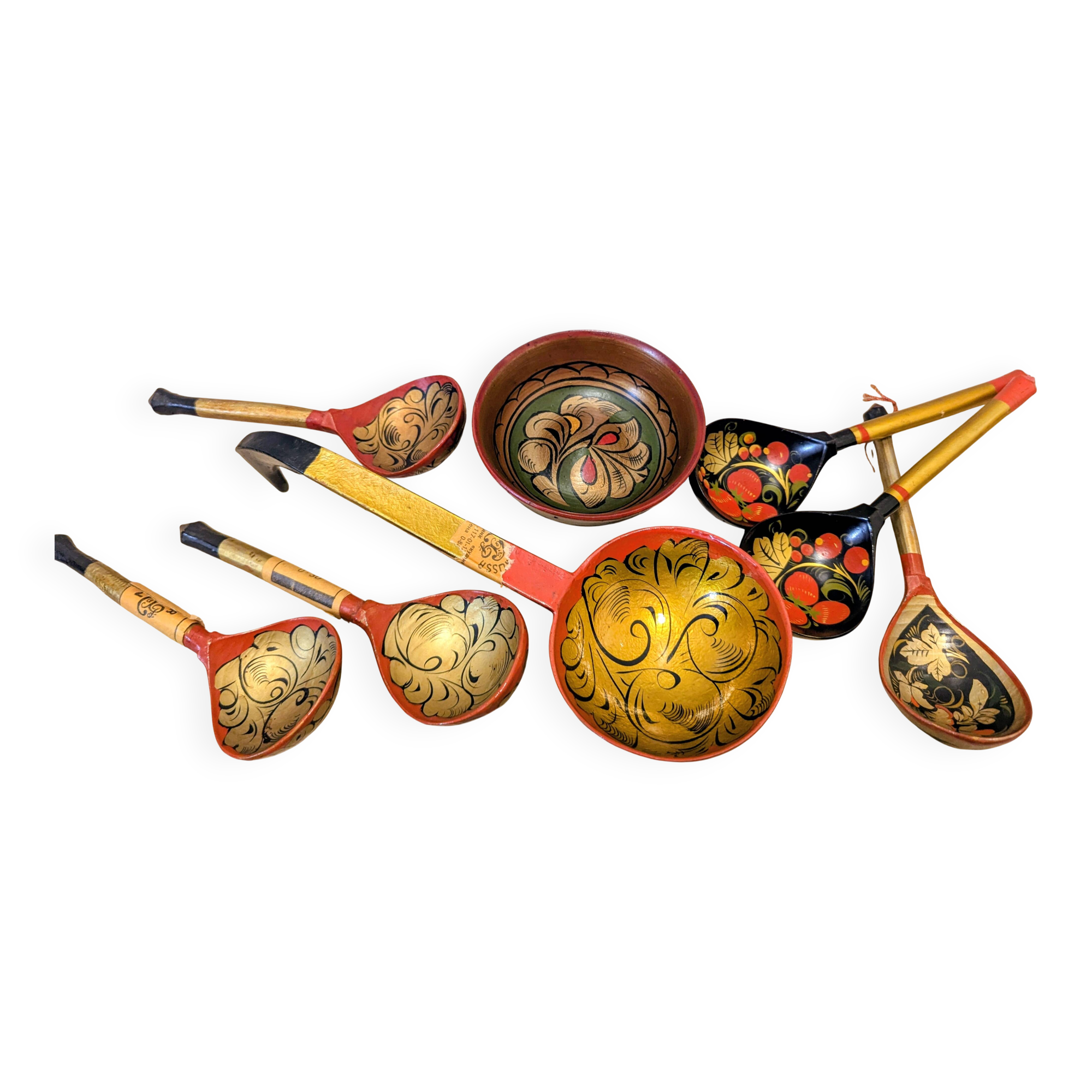 Vintage Khokhloma set – bowl + 7 painted ladles USSR