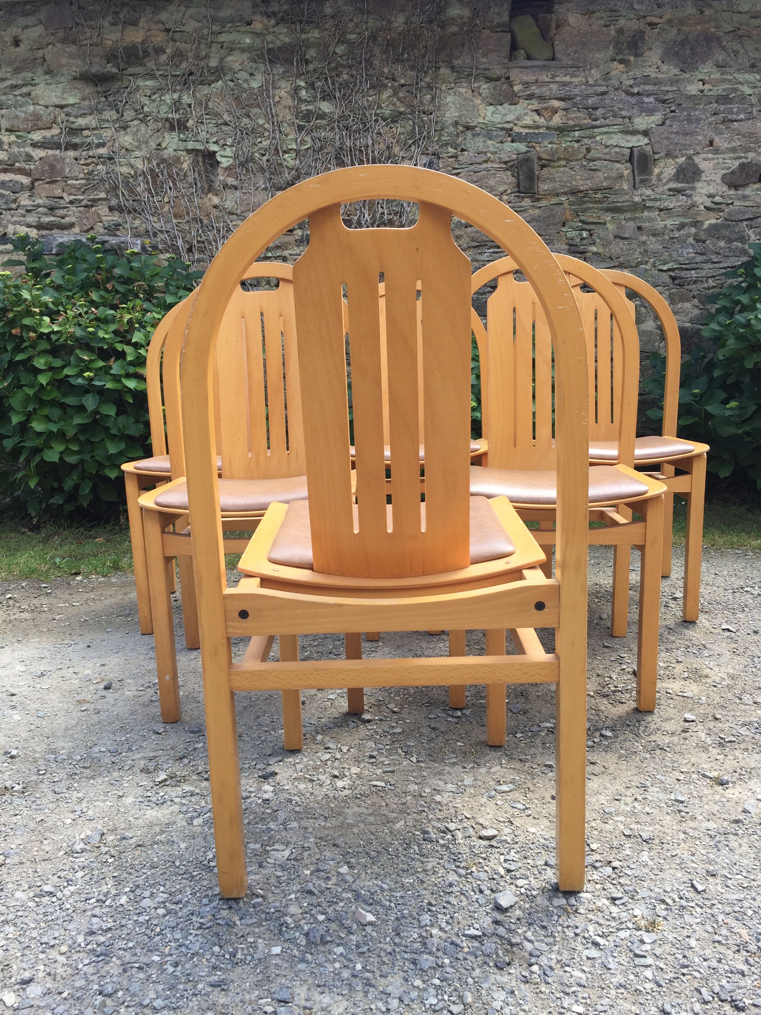 Vintage Baumann chairs in beech, seats in beige brown Skaï, series of 6.