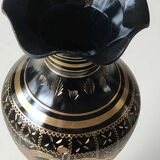 Vintage brass vase with black and gold patina, corolla neck. From India. Mid-20th century. Engraved heart/floral/leafy patterns. High 20 cm