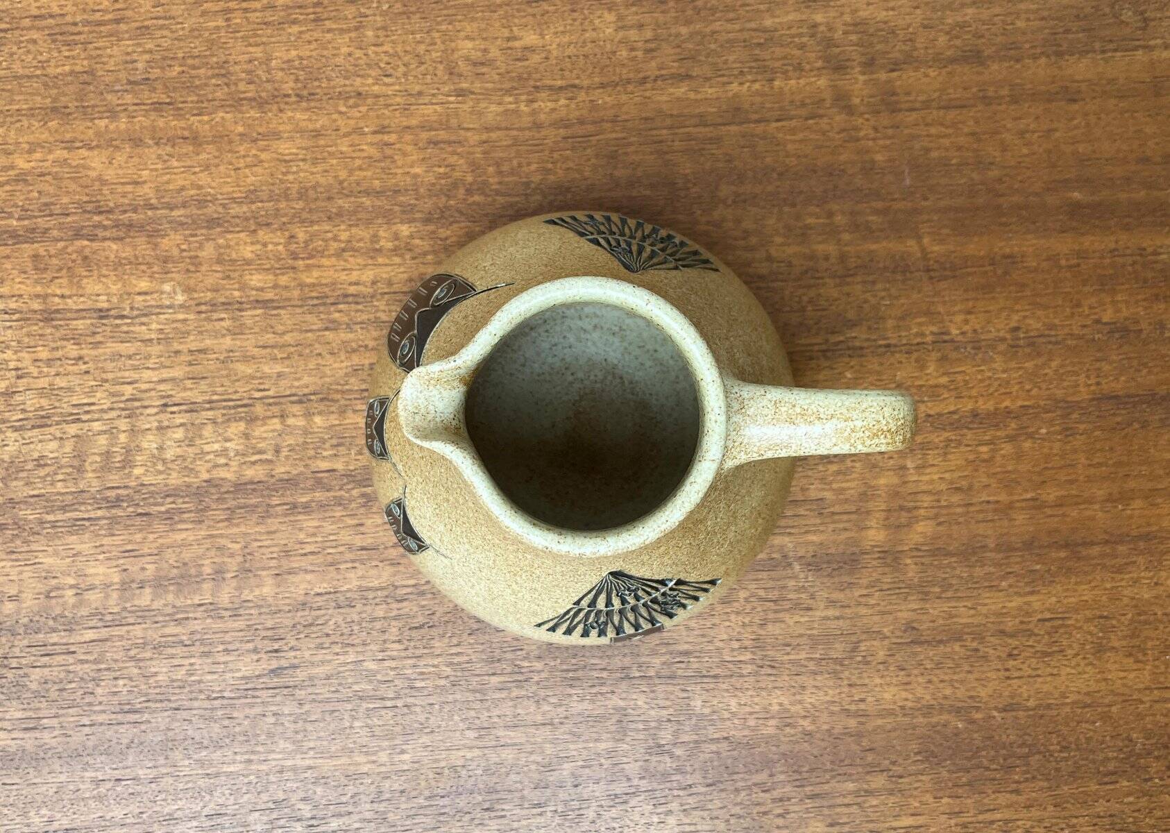 Mid-century German ceramic studio pitcher with owl motif by Heinz Theo Dietz, 1960s.