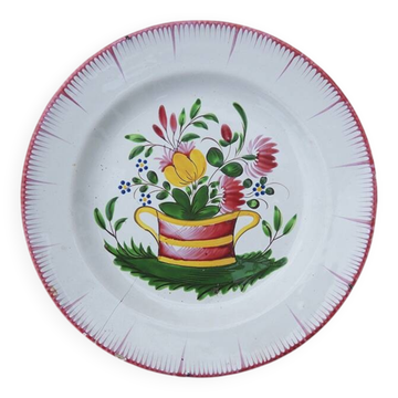 Ancienne Assiette Plate en Céramique - Décor Panier de Fleurs