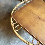 Table basse en bois et rotin, années 1960