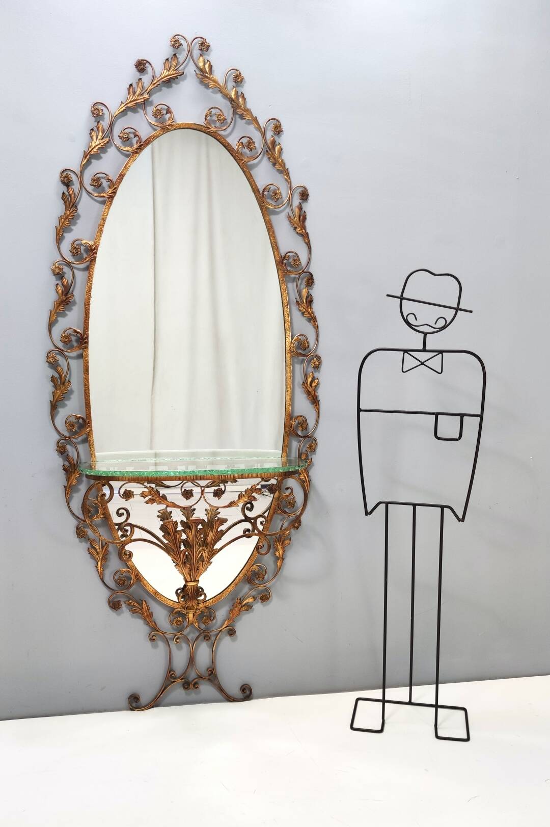 Entryway Mirror and Brass and Glass Console by Pierluigi Colli with Floral Frame