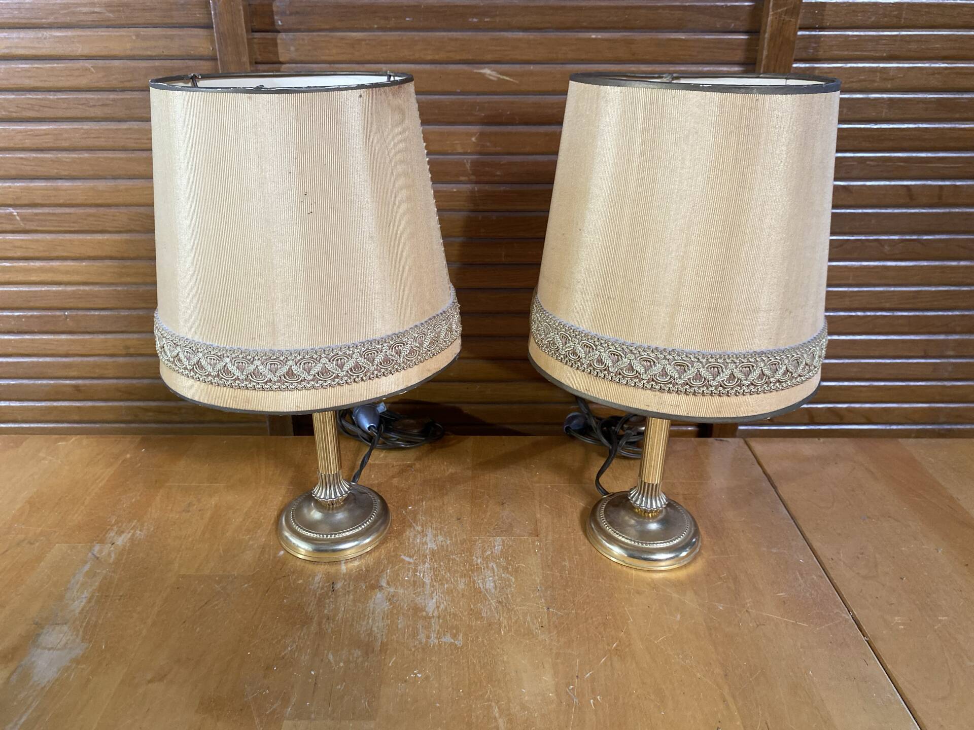 Pair of Empire Style Table Lamps Column Shape Golden Metal Vintage France