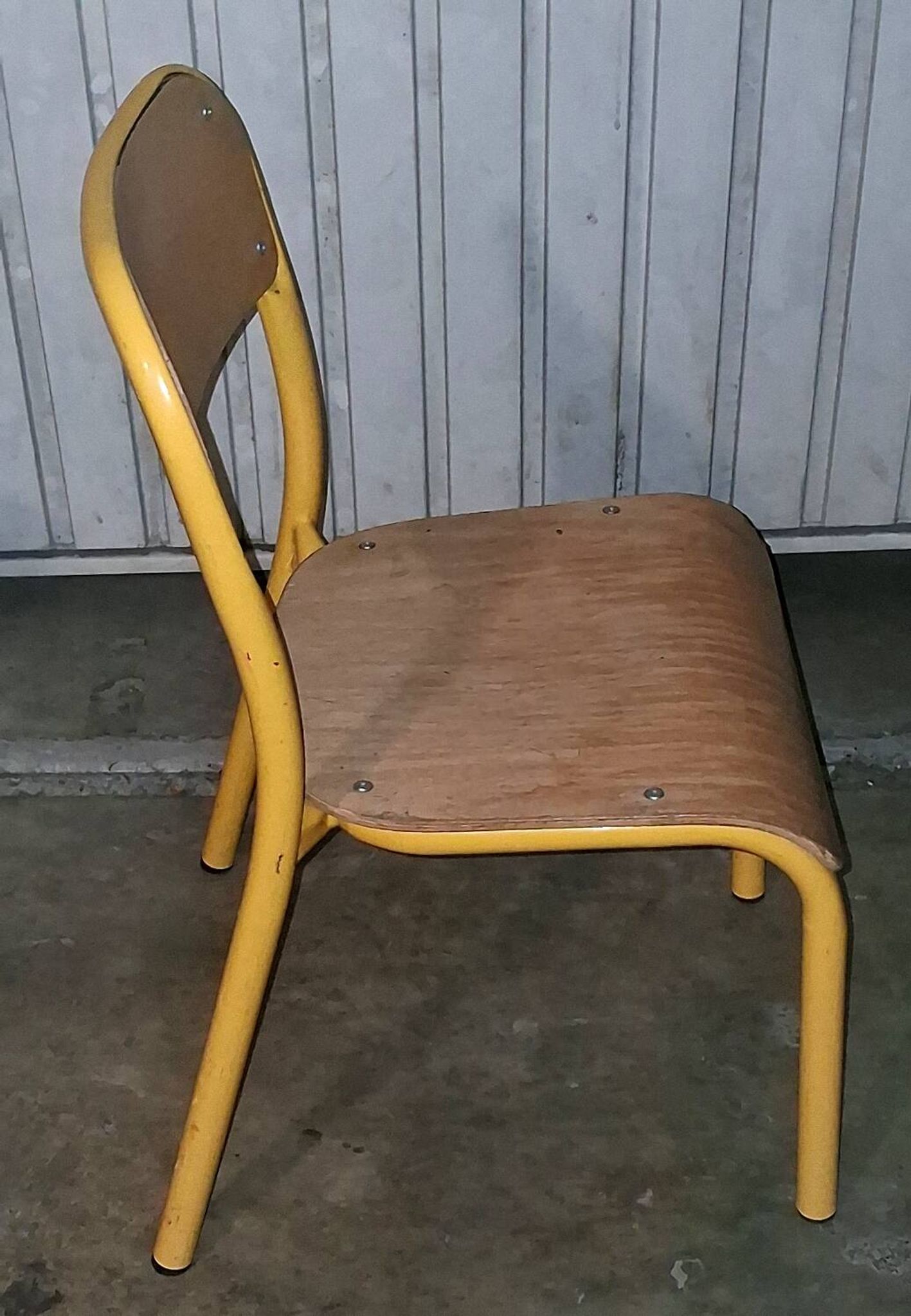Pair of school chairs, wood and yellow metal, industrial decor.