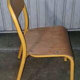 Pair of school chairs, wood and yellow metal, industrial decor.