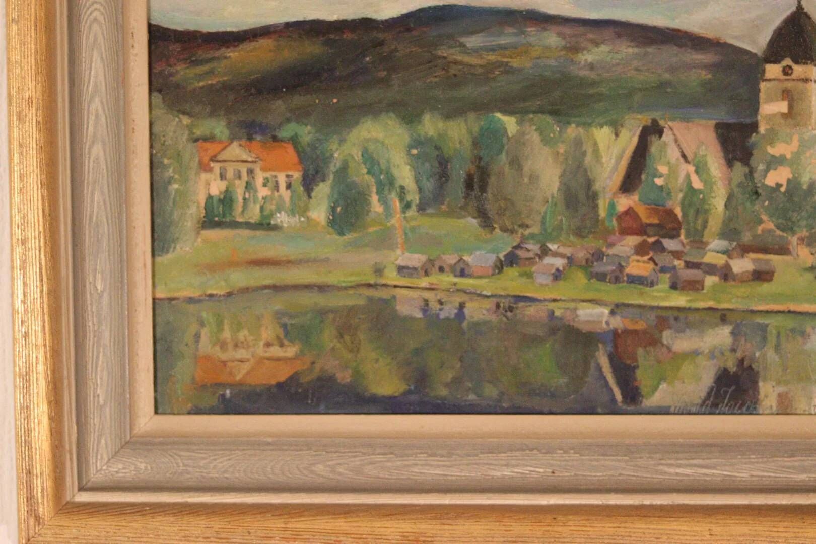 Original Swedish Oil on Panel – “Rural Village” by Astrid J – Vintage