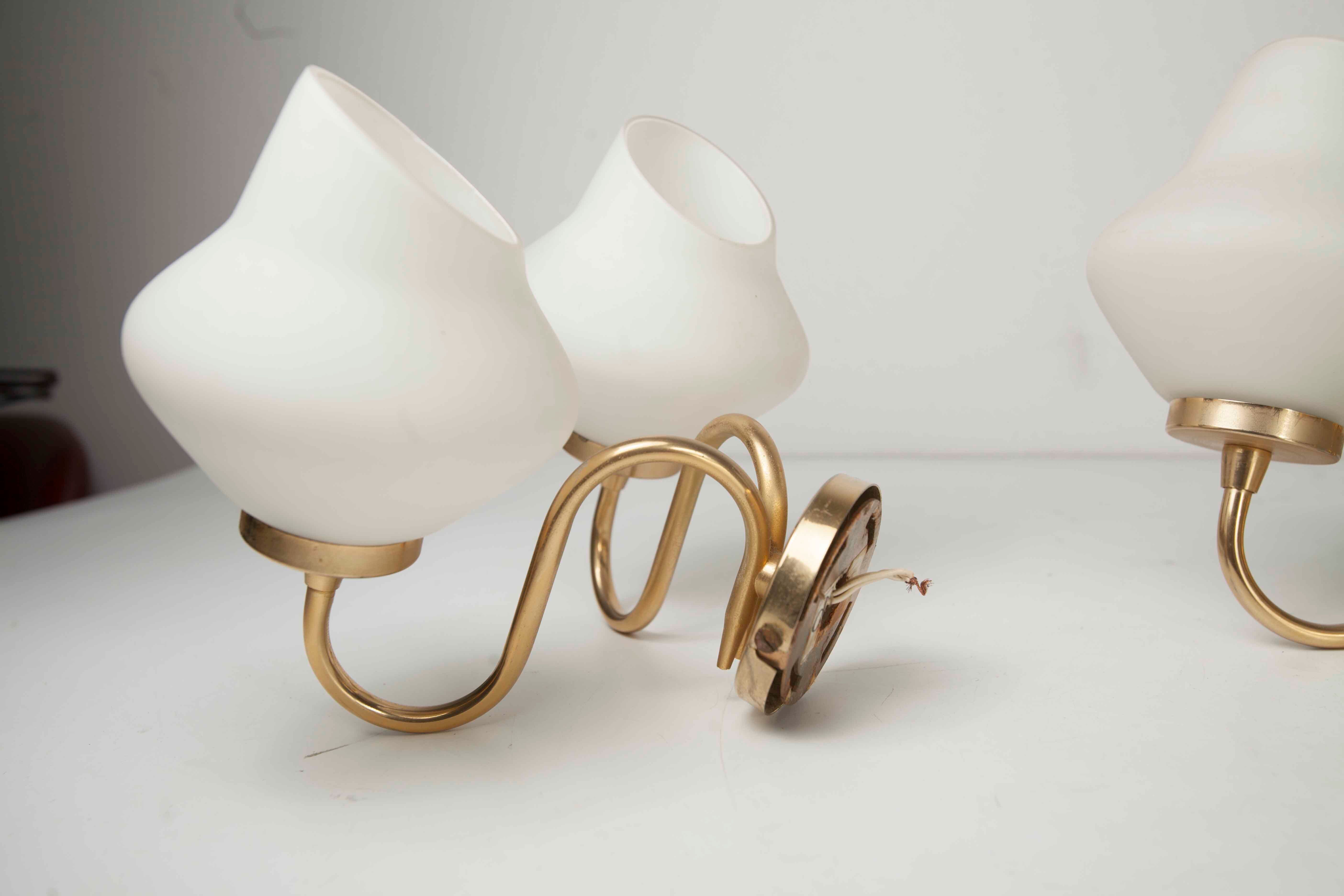Pair of 60s brass and opaline sconces
