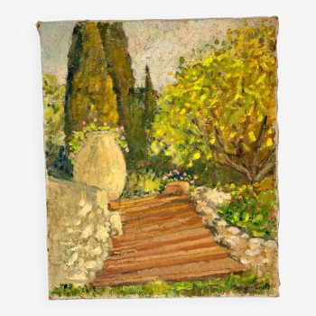 Dans l'huile sur toile du XXe siècle de Sylvain Coste "L'escalier de la bastide"