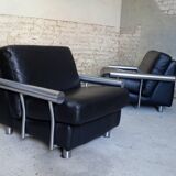 paire de fauteuils, cuir noir & inox, 1990