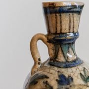 Antique 18th-century ceramic vase, hand-painted, Near Eastern design with floral motif and handle, small decorative art piece, gift idea.