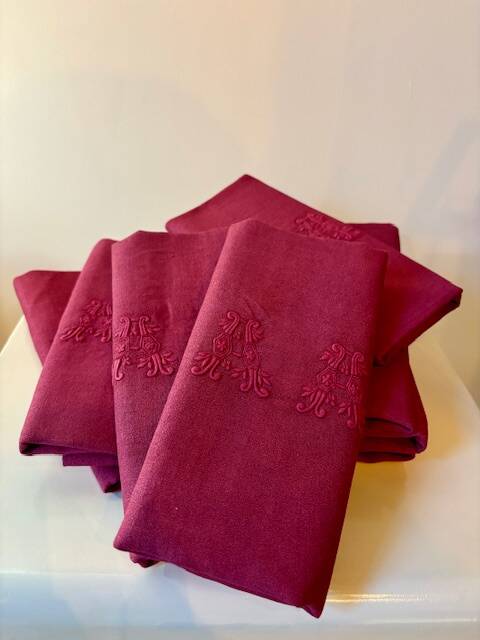 Serviettes De Table Anciennes – Coton, Roses, Avec Monogramme, Lot Vintage