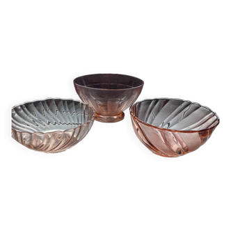3 vintage pink glass bowls