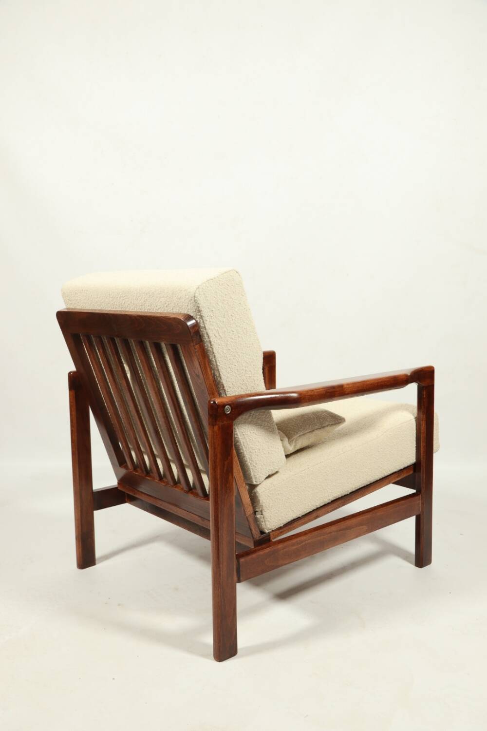 Vintage dark wood beige bouclé armchair by Z.Baczyk 1965