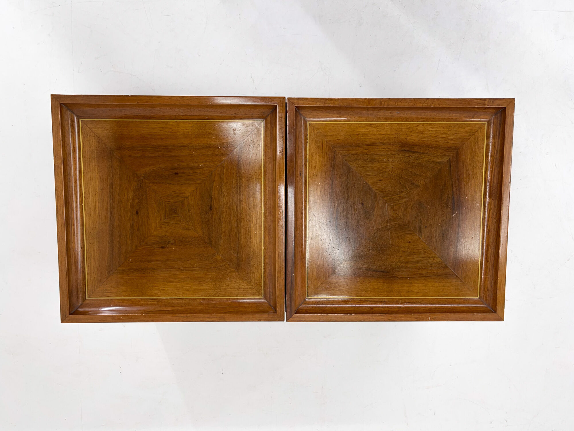 Set of walnut veneer side or night tables with brass detail, Italy 1950s