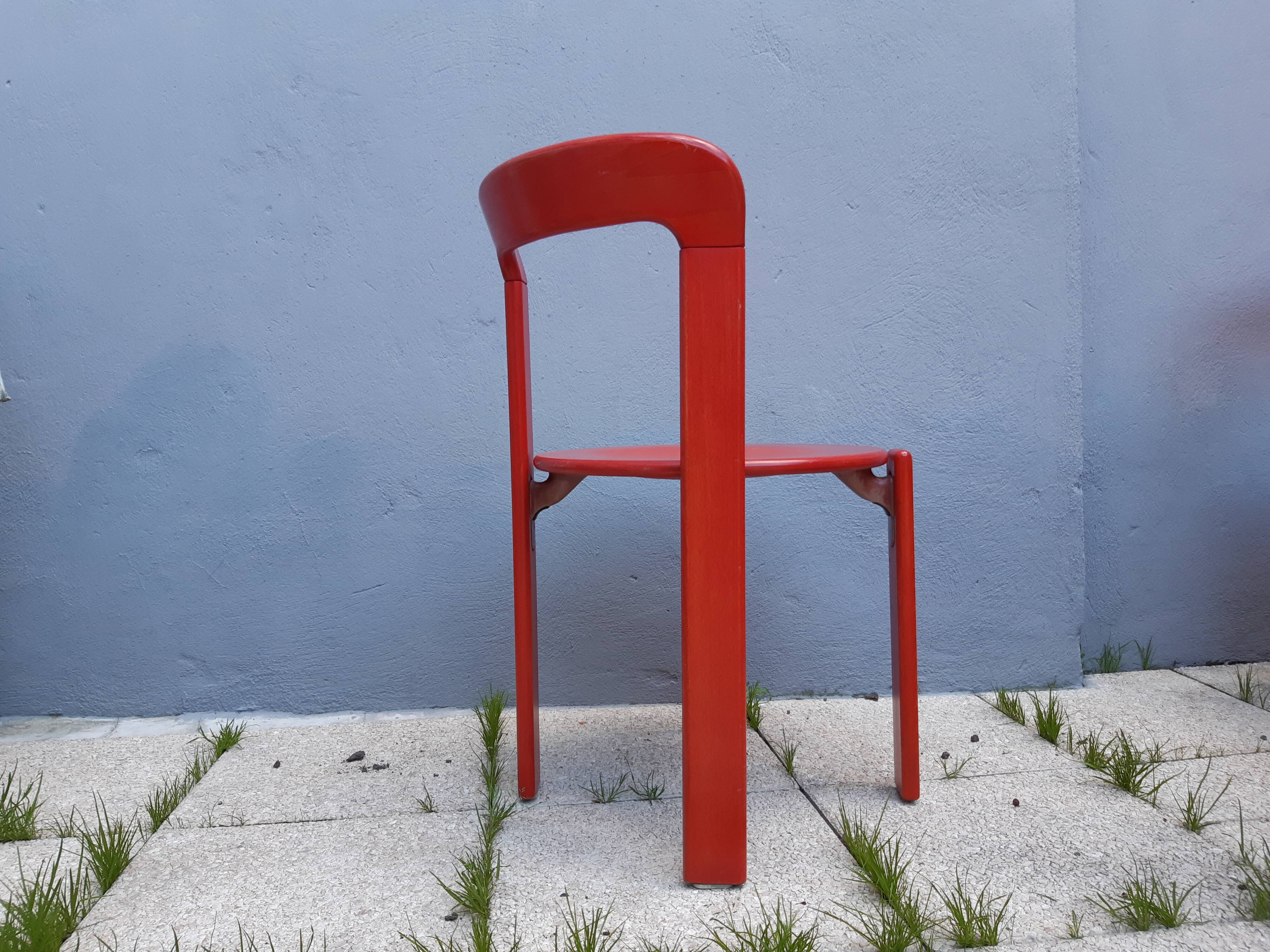 Set of 10 red wooden chairs by Bruno Rey for Kusch&Co