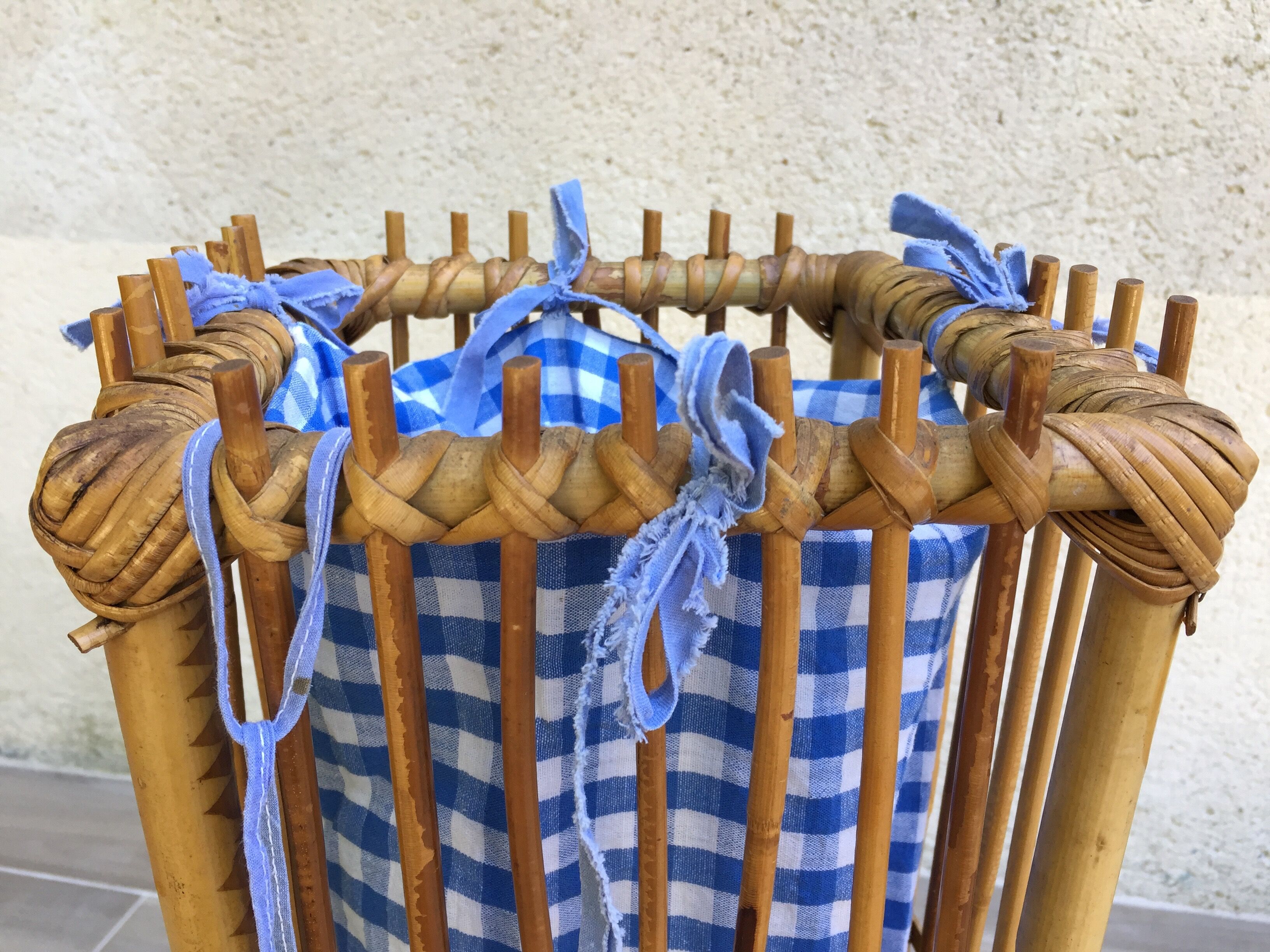 Panier rotin et tissu vishy bleu vintage