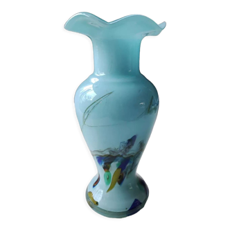 Vase Murano en verre d Art soufflé, inclusions marbrures, volutes. Haut 20 cm