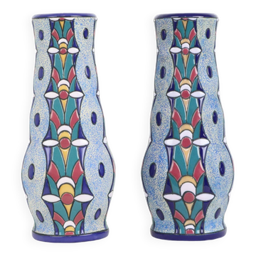 Pair of Amphora Vases Art Deco Ceramic Enamel 1915