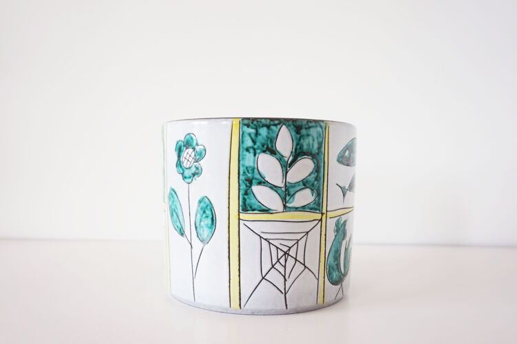 Cache pot en céramique 1960 motif fleur papillon